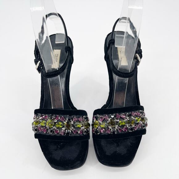 Vintage Prada Black Velvet Jeweled Embellished Platform Wedge Heel Sandals IT 37 - Picture 5 of 10